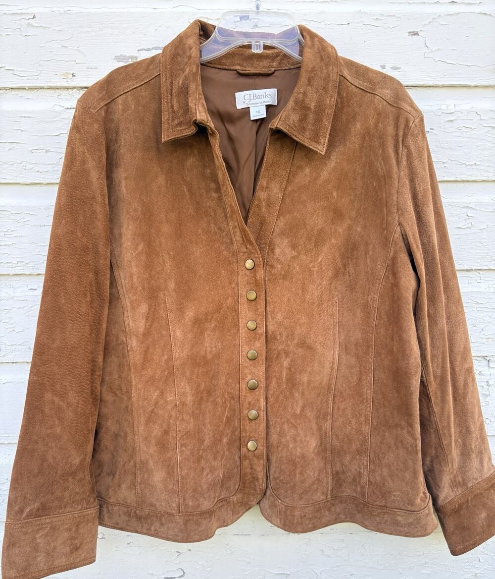 CJ Banks Leather Jacket Brown Suede Womens 1X Snap Front Festival Boho